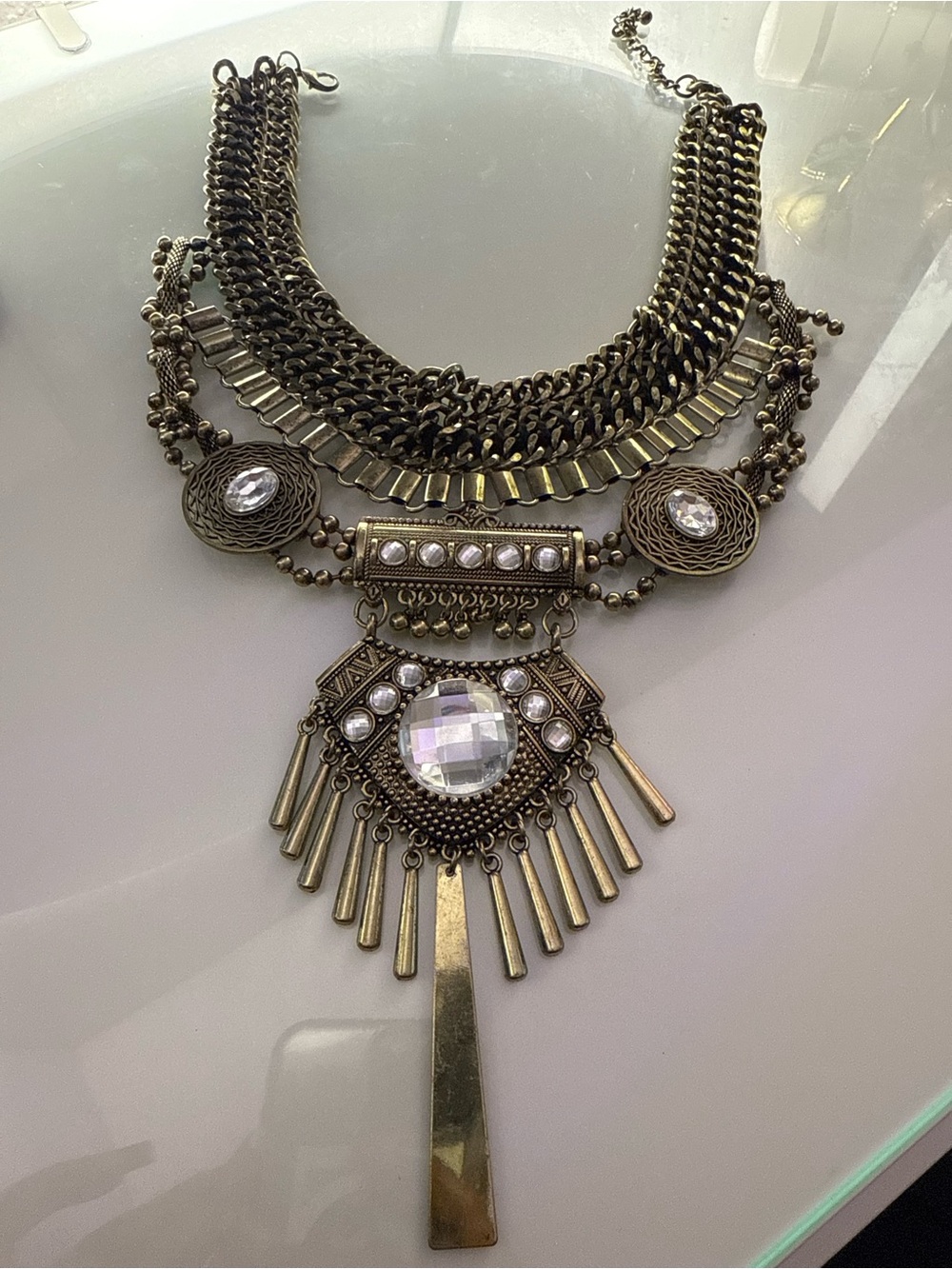 Boho Statement Necklace in Antique Gold with Clear Crystal Accents